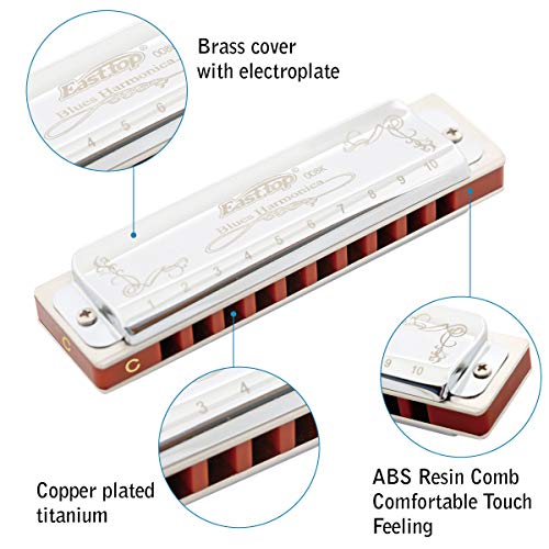 East Top Diatonische Mundharmonika Tonart C 10 Löcher 20 Töne 008K mit silberner Abdeckung, Standard Mundharmonikas für Erwachsene, Profispieler, Anfänger und Studenten
