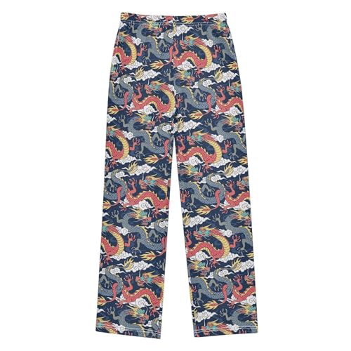 Colorful Wild Dragon Boys Long Pants Soft Trousers Elastic Waist Kids Lounge Bottoms with Pockets S-XL