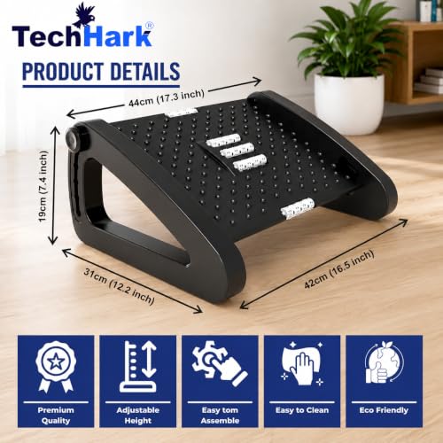 Image of TechHark Adjustable Footrest with Massage Surface, Ergonomic Design for Office and Home Under Desk Foot Rest, Height Adjustable, Black(6-Month Warranty)