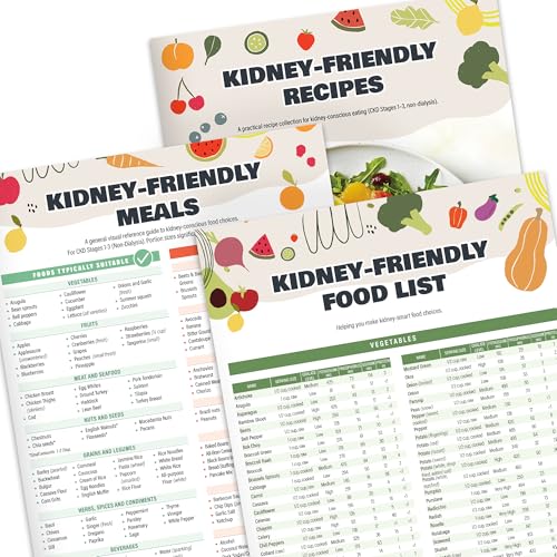 Kidney Friendly Food List Chart Set of 3 - Renal Diet Food Chart with 600+ Foods for CKD & Dialysis - Low Sodium Potassium Phosphorus & Oxalate Levels Meal Plan & 28 Recipes Laminated