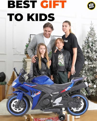 Image of Wishmaster Kids Battery Operated Ride-On Super Bike | Electric Rechargeable Bike for Boys & Girls 2-8 Years | Lights, Music, Training Wheels, | 100% Ready to Use Assembled (Thunderbolt Blue)