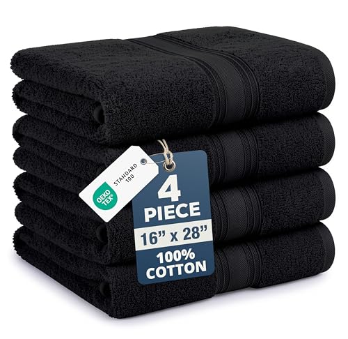 Black Hand Towels for Bathroom - 4 Pack (16x28) 100% Ringspun Cotton Hand & Face Towel - Soft Prevent Fraying Fade and Shrink Resistant - Daily Use Gym Towels for Men & Family Bathroom Hand Towel