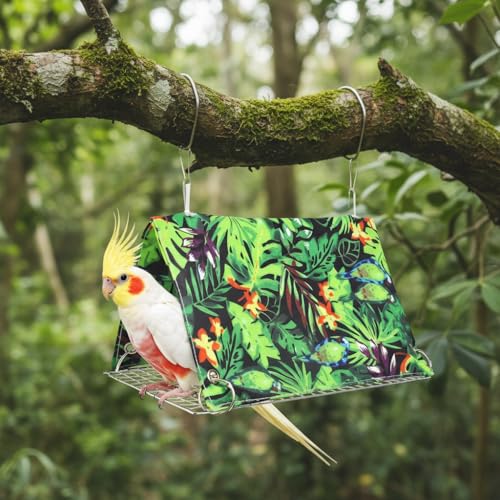 Image of Qpets Hanging Bird Hammock, Soft Bird Nest with Removable Metal Tray, Birds Nest House Shed Hut Parrot House Cozy Resting Hut for Parakeet, Cockatiel, Lovebird & Small Pets (28X18X15cm)