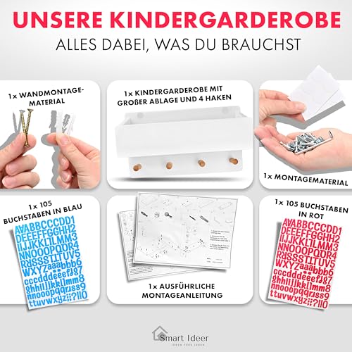 Smart Ideer - Kindergarderobe mit Ablage - Individuell mit selbstklebenden Buchstaben - Wandgarderobe aus Holz - Garderobe mit 4 Haken - Garderobe Kinder mit Ablage