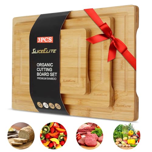 SliceElite 3pc Bamboo Cutting Board Set: Eco-friendly, durable chopping boards with handles & juice...