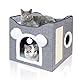 Faltbares Katzenhaus KatzenhöhleIndoor, schönHaus für Katzen mit Terrasse, Katzenhöhle 2 Schicht, mit Kratzbrett und Spielball, katzenbett für 2 Katzen, 42 x 40 x 39 cm, Grau