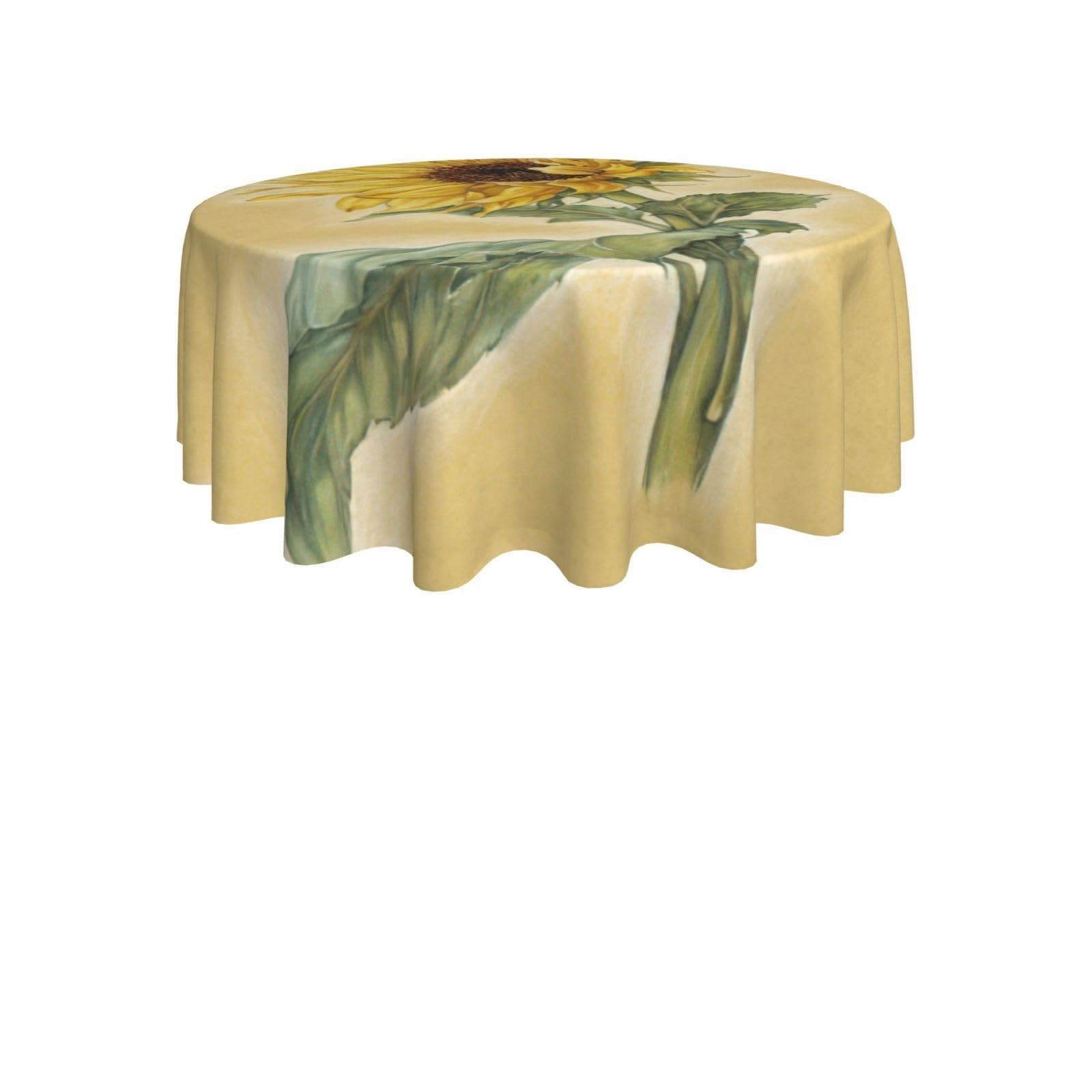 ENGhjes Art Sunflower Print Round Tablecloth 60in Washable Stainproof Polyester Cloth for Kitchen Idea