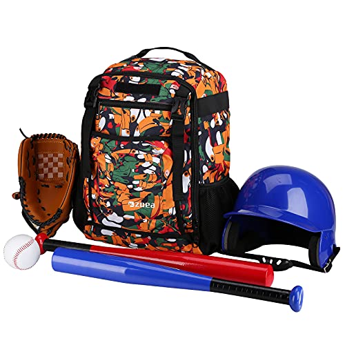 Zoea Baseball Bat Bag Backpack, T-Ball & Softball Equipment & Gear For Youth, Large Capacity Holds 2 Bats, Helmet, Gloves, Cleats, Helmet Holder And Includes Fence Hook (Orange) #TOP4