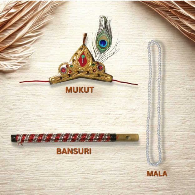 Image of Kaku Fancy Dresses Krishna Jewellery Combo Set for Kids - Includes Mala, Mukut, Bansuri & Mor Pankh - Janmashtami Costume Accessories