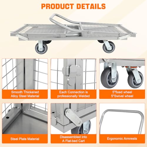 Platform Truck Cart with Cage, 5 in 1 Heavy Duty Dolly Cart with Wheels 1800 Lbs Capacity Foldable Push Cart Dolly with 5" Casters for Groceries, Garage, Warehouse by FAHKNS - Image 4