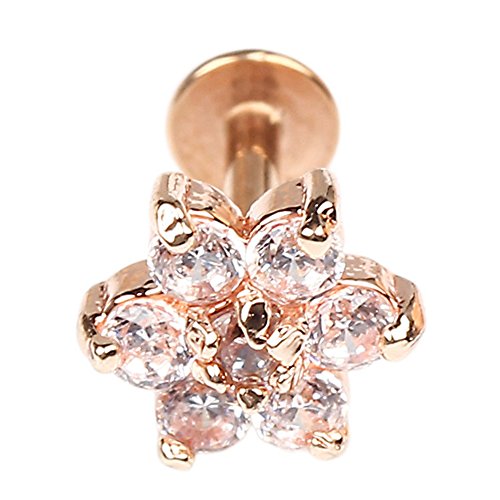 BODYA 1pc Rose Gold 16G 7mm Cubic Zirconia flower Lip Rings Labret Nose Studs Helix Round Shape Stud Earring Body Piercing Jewelry