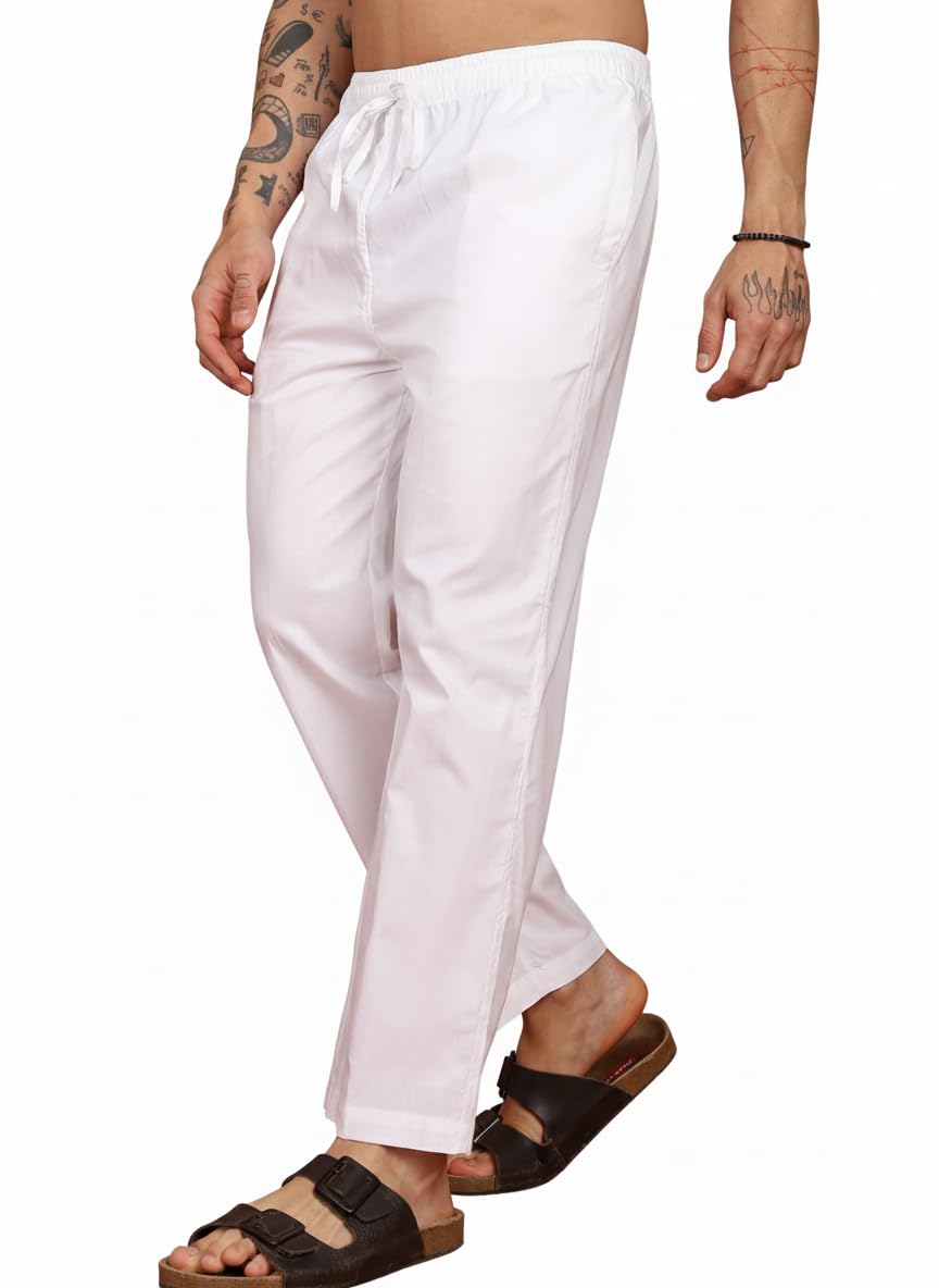 Men’s Pure Cotton White Pajama | Soft Breathable Lounge & Sleep Wear | Elastic Waist with Drawstring | Loose Fit | Summer Premium Wear