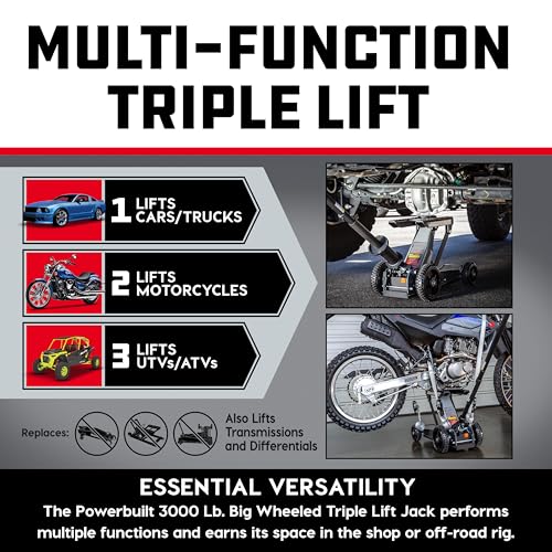Image of Powerbuilt Big Wheel Triple Lift Garage Jack, 3000 Pound Off Road Lift, Truck, Car, Motorcycle 1.5 Ton Capacity, 620613ECE