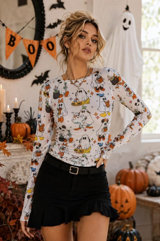 Image of Halloween Shirt Women Spooky Season See Through Mesh Long Sleeve Top