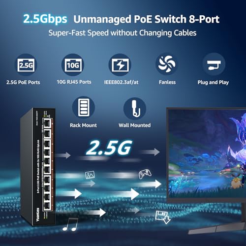 Image of YuanLey 8 Port 2.5G PoE Switch Unmanaged, 8 x 2.5G Base-T PoE Ports, 2X 10G RJ45 UpLink,120W PoE Budget, Metal Fanless, 10 Port 2.5Gbe /10G PoE Ethernet Switch for NAS, Gaming PC, AP