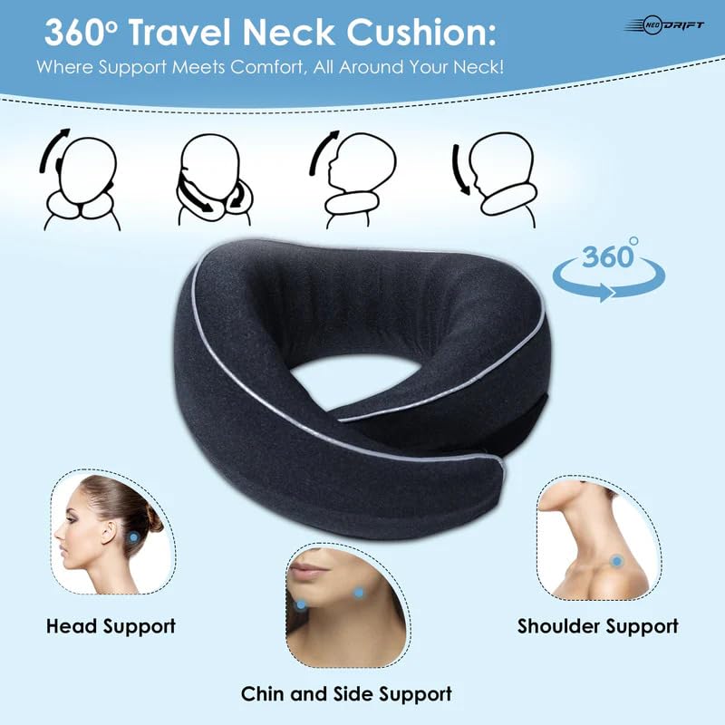 Image of Neodrift 'TravelNeck 360' (Set of 1) | (Color - Black) Travel Neck Pillow with Memory Foam Head Support for Airplane, Car, Train, Bus, and Home Use Ultimate Comfort Velvet Cushion Travel Pillow