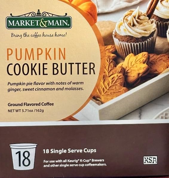 Market & Main Pumpkin Cookie Butter Coffee Pods, Compatible with Keurig K-Cup Brewers, 18 Single Serve Cups