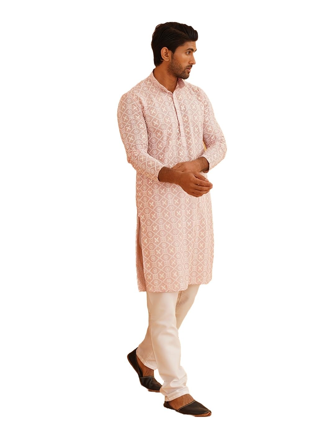 Sojanya (Since 1958 Men's Cotton Gold Sequence Embroidered Pink Kurta With White Churidaar Pyjama