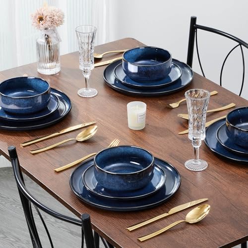 Image of E-far 8 inch Ceramic Salad Plates Set of 6, Reactive Glaze Stoneware Dishes, Round Dessert Plate for Home Kitchen Restaurant, Microwave & Dishwasher Safe - Deep Sea Blue