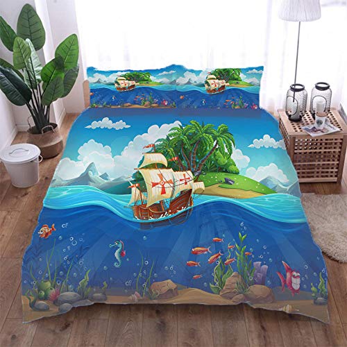 Housse De Couette Et Taie d'oreiller 140X200Cm Parure De Lit Microfibre - Enfant Garçon Les Jeunes Parure De Lit,3D Effet Navire Pirate Cover