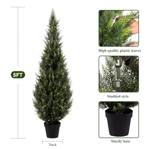 Image of Artificial Cedar Topiary Trees, 5 FT UV Resistant Faux Boxwood Plants,Front Porch Decorations Outdoor,Realistic Evergreen Cypress for Patio Decor Set of 2