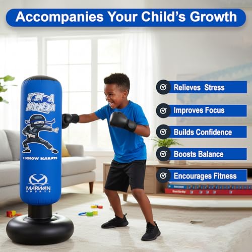 Image of Marwan Sports Ninja Kids Punching Bag - Inflatable Sensory Toy & Birthday Gift for Boys & Girls Ages 4-12, 63 inch Freestanding 5-in-1 Kit, Indoor Apartment-Quiet Sensory-Friendly Active Play