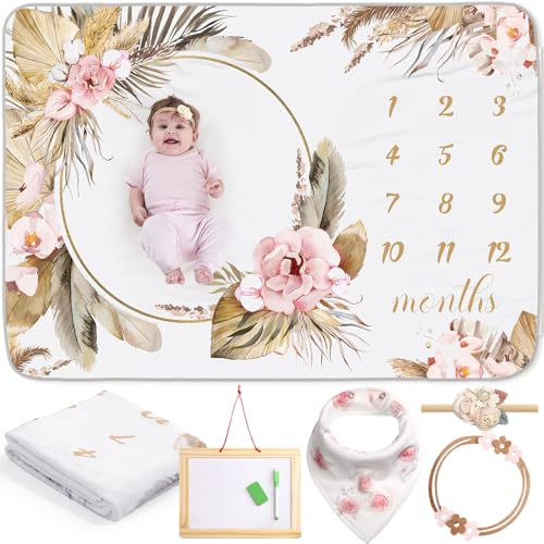 Image of Chumia 6 Pcs Baby Monthly Milestone Blanket for Girl 60" x 40" Butterfly Milestone Blanket Age Photo Photography Backdrop with Newborn Calendar Growth Chart Bib Headband(Beigh,Boho Pattern)