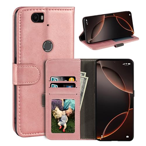 UOGNADGD Leather Flip Cover Compatible with Huawei Nexus 6P Wallet Case with Card Slots, Magnetic Closure, Stand Function, RFID Shockproof Folio (Rose Gold)