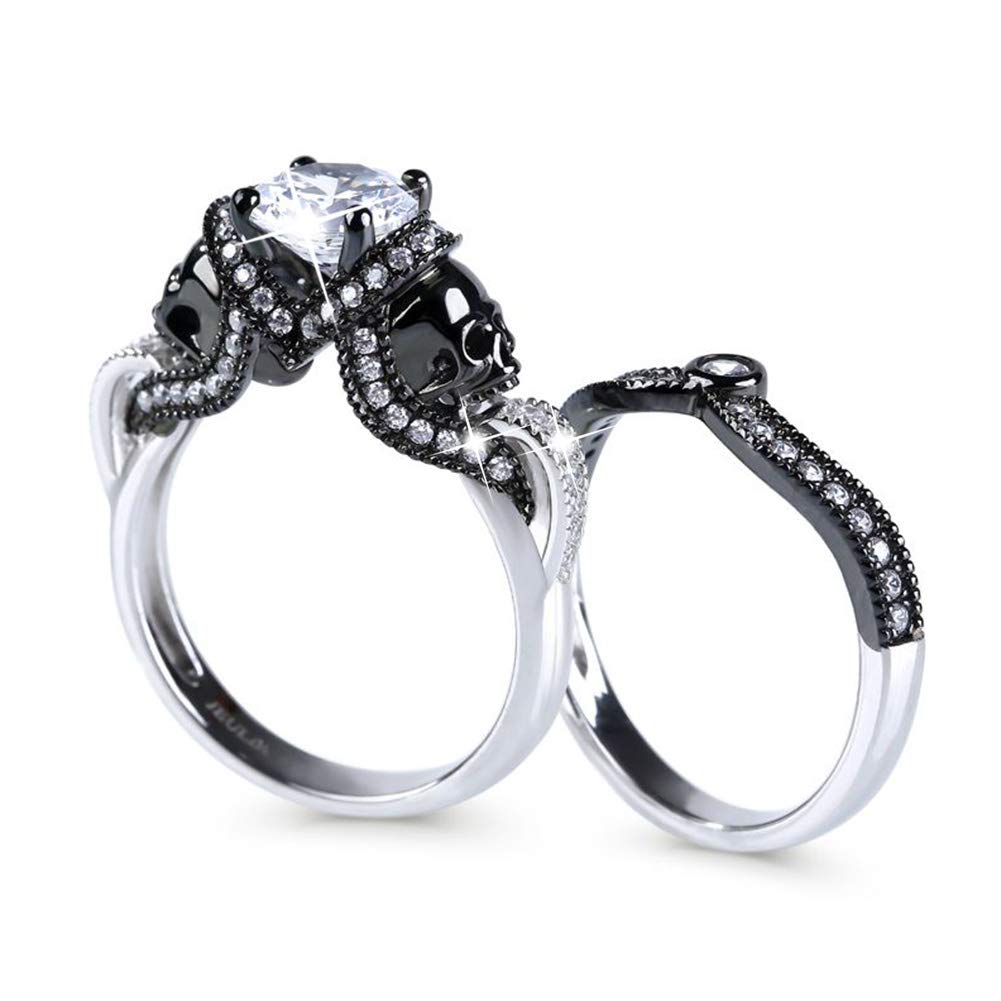 Jeulia 3.68 Carat Twist Skull Rings for Women Sterling Silver Two Tone Twist Band Rings White Diamond Bridal Ring Set Black Plated Engagement Promise Rings with Jewelry Gift Box - 9.5