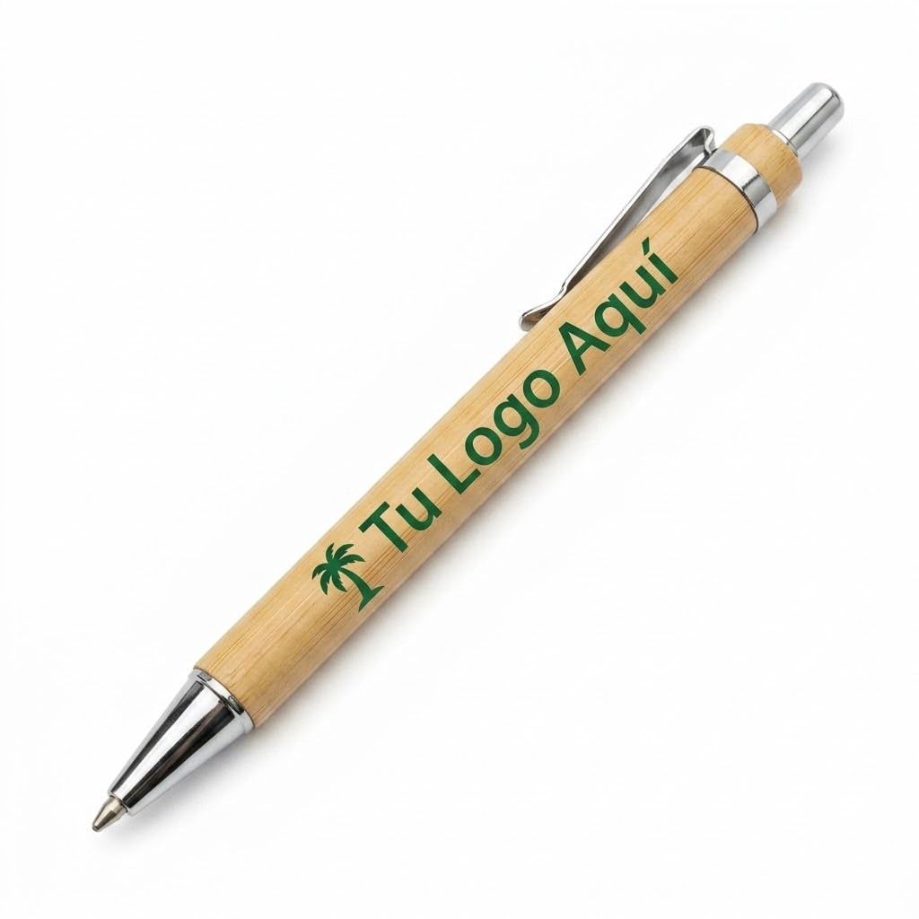 Bolígrafos Personalizados de Bambú Pack 50 Unidades · Impresión DTF con Logo o Texto · Artículo Ecológico Sostenible · Regalo de Empresa, Merchandising y Eventos · Acabados Cromados