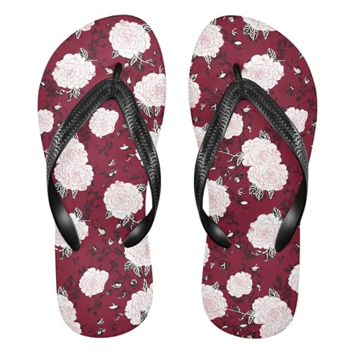 Maple Leaf Sketch Orange Rose Blossom Red Flip Flops for Beach Thong Sandals Anti-slip Lightweight Shower Shoes for Summer Swim Travel