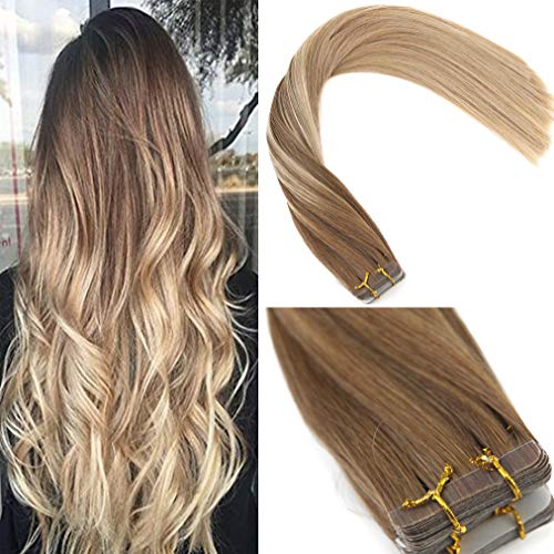 Sunny 18inch Tape in Balayage Remy Human Hair Extensions Medium Brown to Ash Blonde Highlighted Blonde Real Tape Hair Extensions 20pc 50g