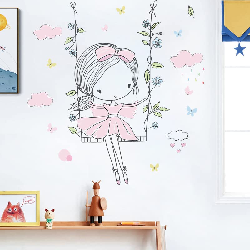 Image of Adorable Sweet Girl Swing Made of Flowers Wall Stickers Art Decal Bedroom Decorations Decor Modern Wallpaper for Kids Boy Rooms Decorations, Self-Adhesive, Wall, 90 Cm, 1 Cms