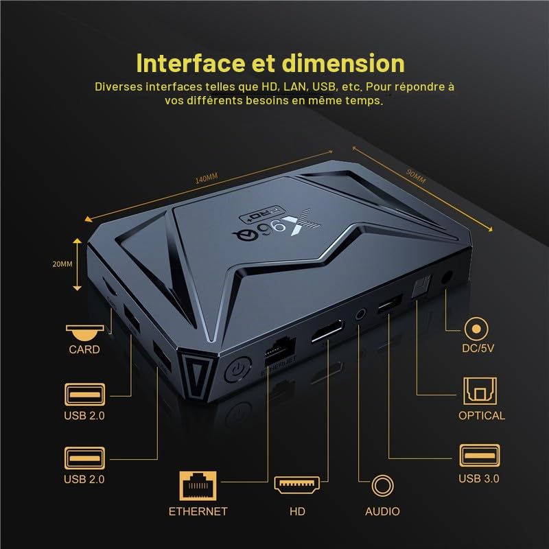 Boîtier TV Android 14.0, Boîtier TV Intelligent X96Q Pro+ H728 Quad-Core 64 Bits Arm Cortex-A53 Prend en Charge 8K/4K 2,4/5,0 Ghz WiFi BT4.0 100/1000 M HDMI 2.0 H.265 Décodeur,4gb+64gb