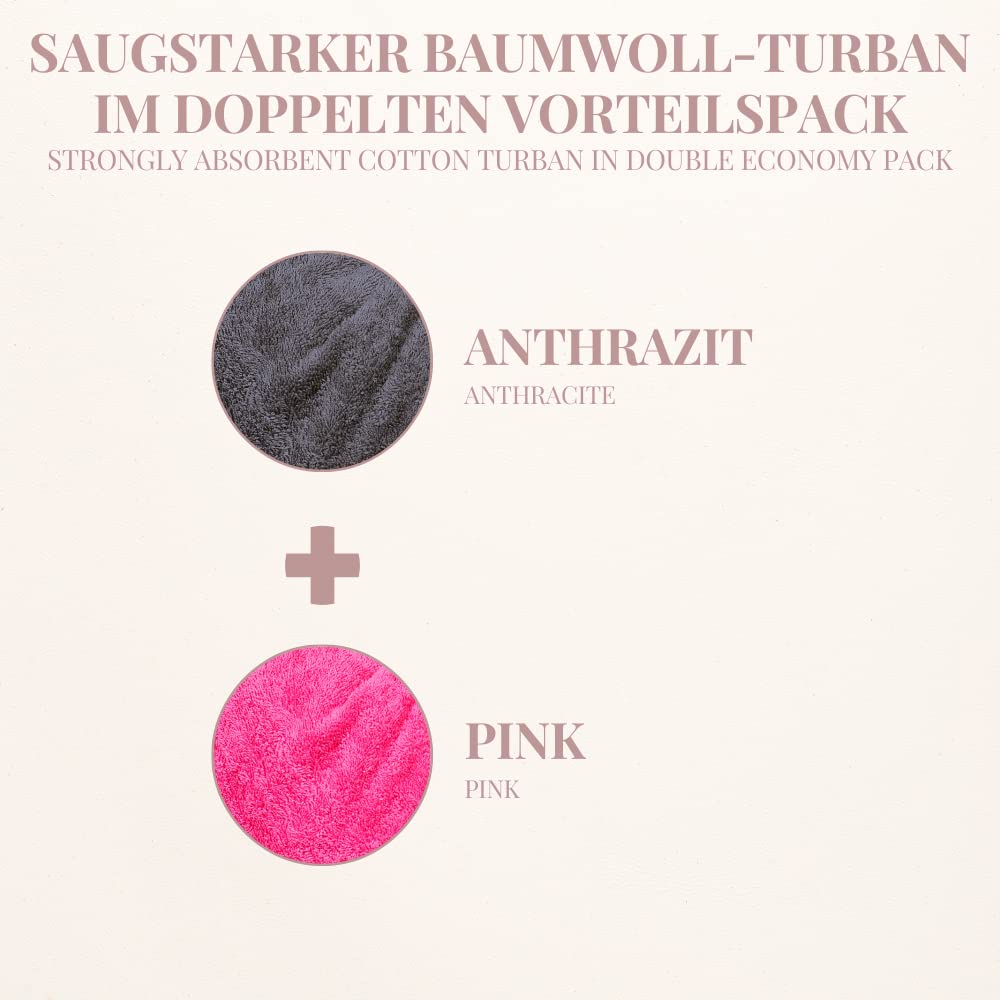 Carenesse - Turbante per capelli, confezione da 2 pezzi, colore: rosa e grigio antracite, 100% cotone asciugamano per la testa, turbante per capelli, turbante per capelli asciugamano per capelli