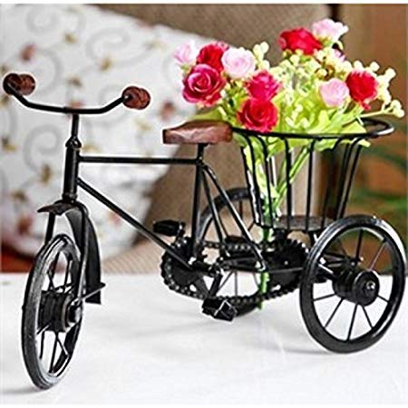 Aayat Enterprises Wrought Iron Home Decor Cycle Rikshaw, Fruit Basket & Flower Pot Vases (Black)