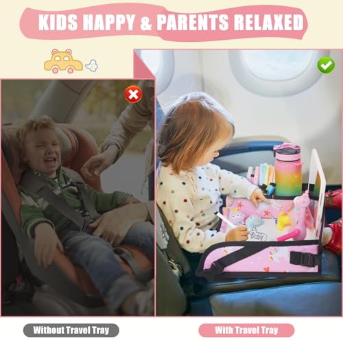 Image of Kids Travel Tray for Car Airplane - Car Seat Tray for Kids Travel, Toddler Carseat Lap Table, Road Trip Essentials, Lap Desk for Kid Roadtrip Activities, Pink Unicorn