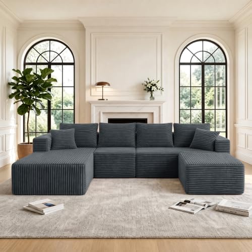 Image of 118 inch U-Shaped Modular Sectional Sofa, Corduroy Cloud Couch with Chaise & Ottoman, Oversized Deep Seat Boneless Couches for Living Room, No Need Assembly - Grey (Left Facing Chaise)