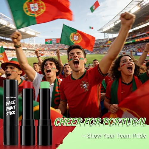 Image of BADCOLOR Portugal Red Green Face Body Paint Stick Set, Oil Based Sports Fan Makeup Stick, Waterproof Sweatproof Face Paint for Football, Rugby, Softball, Baseball, Lacrosse, Sports Accessories
