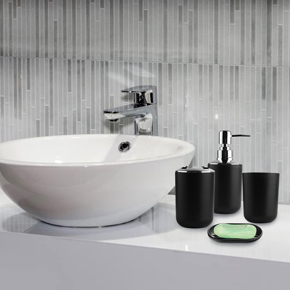 Dioche Juego de accesorios de baño, 6 unidades, dispensador de jabón, jabonera, soporte para cepillos de dientes, taza de enjuague, portaescobilla para inodoro, cubo de basura, juego de baño (negro)