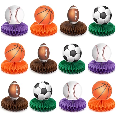 BOXOB 12pcs Sports Honeycomb Centerpieces, Baseball Football Basketball Soccer Table Centerpieces for Boys Sports Birthday Party Decorations