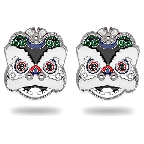 CB 2-Pcs Push Start Button Cover, Unique Dancing Lion Metal Decoration Protective Interior Accessories, Universal Car Pushbutton Cover, Chrome Ring Switch Cover, Silver Black Cover