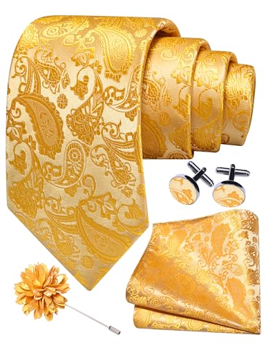 GUSLESON Yellow Wedding Tie for Men Solid Silk Paisley Necktie Pocket Square Cufflinks and Lapel Pin Brooch Set (6105-05)