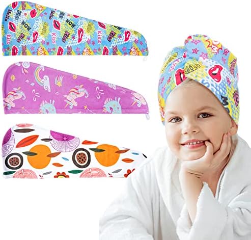 ELLEWIN Microfiber Hair Drying Towels for Kids, 3 Pack Unicorn Wet Hair Towel Wrap Turban for Girls Children Women, Quick Dry Twisty Hair Towels Wrap for Curly Long Thick Hair Anti Frizz