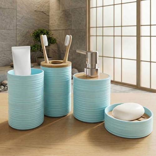 Image of Story@Home 4 Pieces Bathroom Accessories Set - Teal | Toothbrush Holder, Soap Dispenser, Mouth Wash Cup & Soap Dish for Home Kitchen & Bathroom | Bathroom Essentials for Office