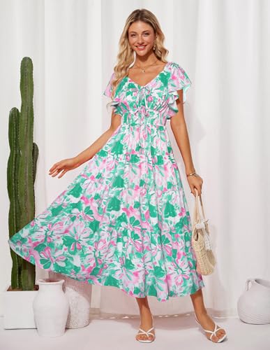 GRACE KARIN Womens 2025 Floral Summer V-Neck Ruffle Sleeve Empire Waist A-Line Casual Maxi Tiered Dress with Pockets4