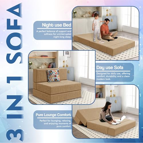 Image of Los Angeles Foldable One Seater Sofa Cum Bed, Sofa Bed 3 X 6 Feet Jute Fabric Washable Cover- Including Cushion Perfect for Living Room - Golden Color