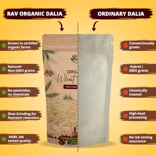 Image of RAV Organic NPOP Certified Organic Wheat daliya 1kg | Broken Whole Grain Daliya | Fibre & Protein Rich Gehu ka Dalia | Low GI Breakfast, Ideal for Porridge, Cereal & Meals | Broken Wheat Dalia for baby food | Non-GMO| Clean Lable | Full of Nutrients