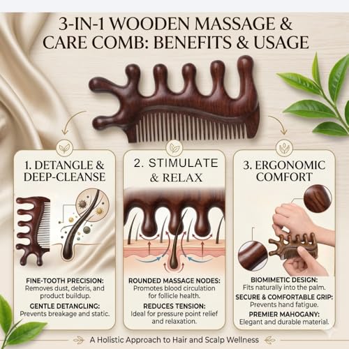 Image of Premium Sandalwood Wooden Massage Comb | Meridian Scalp Massager & Wide Tooth Detangling Comb | Anti-Static Handmade Comb for Head, Neck, Hair & Eye Relaxation | Home Spa Hair Care Tool(ORO-062)