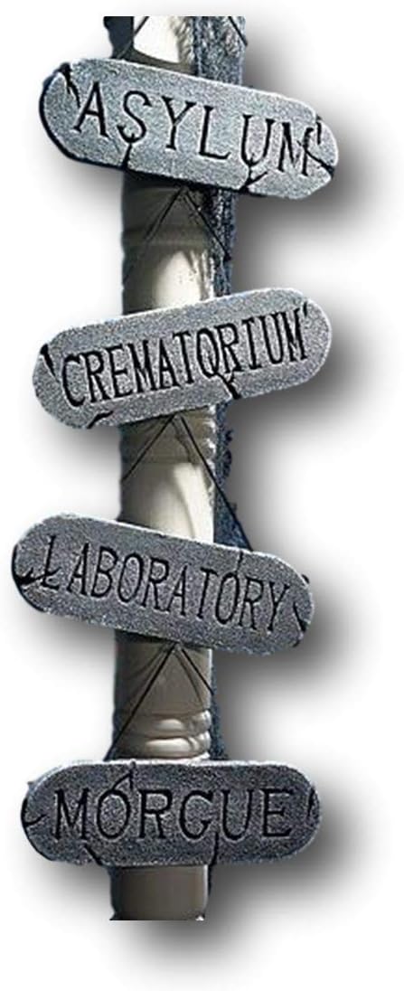 Chic Designs Set of 4 11.5" Hanging Asst. Halloween Foam Signs (Crematorium, Asylum, Laboratory, Morgue), Props, Haunted Houses, Yard Decorations and Accessories